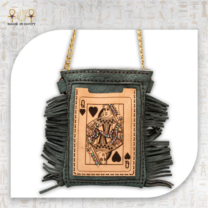 Green Leather Crossbody Bag with Queen Card Design and Side Fringes - Image 2