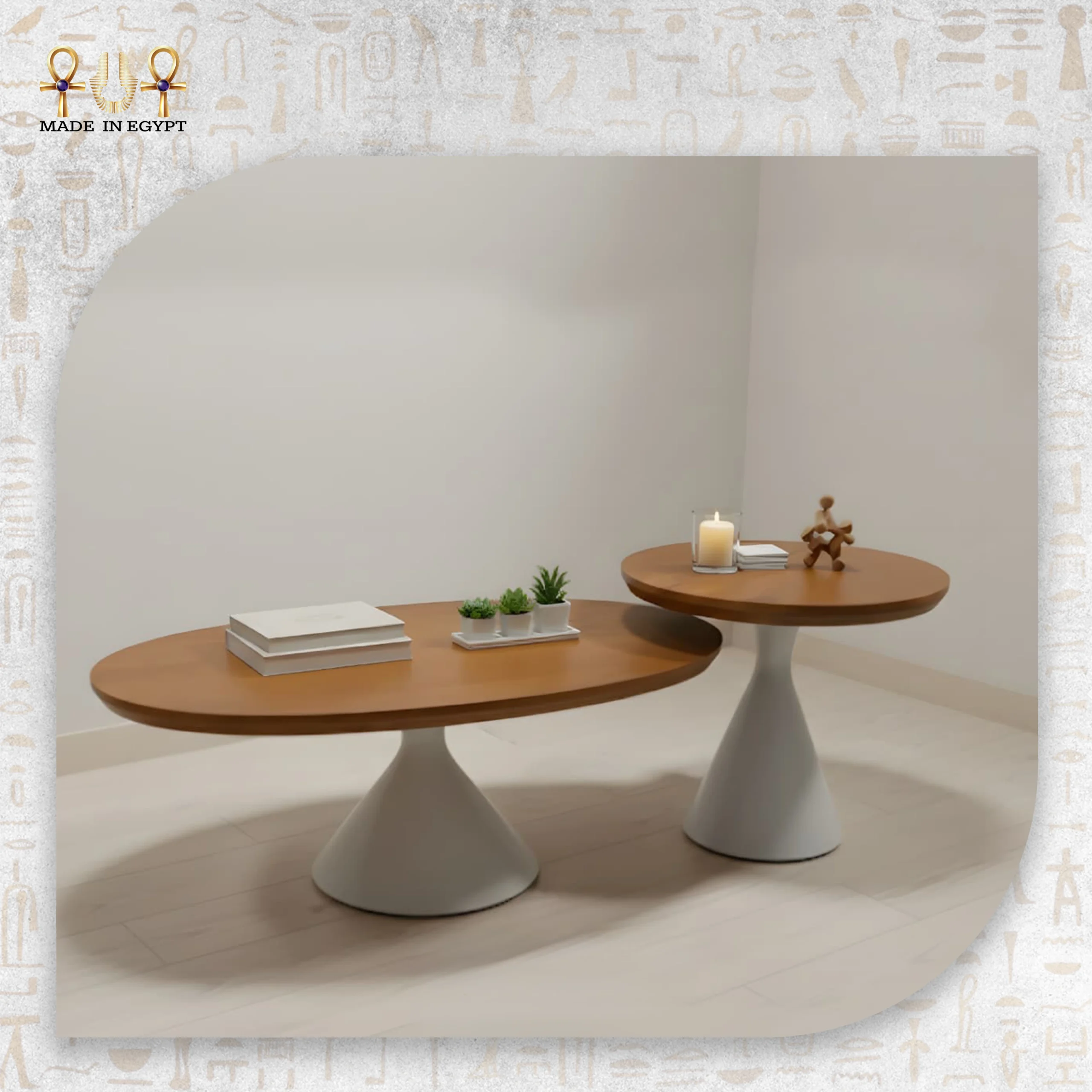 @11A Modern Oval Coffee Table Set with Conical Side Table Modern Oval Coffee Table Set with Conical Side Table - Image 1
