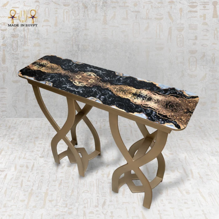 ⁦Decorative Wooden Console Table with Black & Gold Marble Top⁩ - الصورة ⁦2⁩