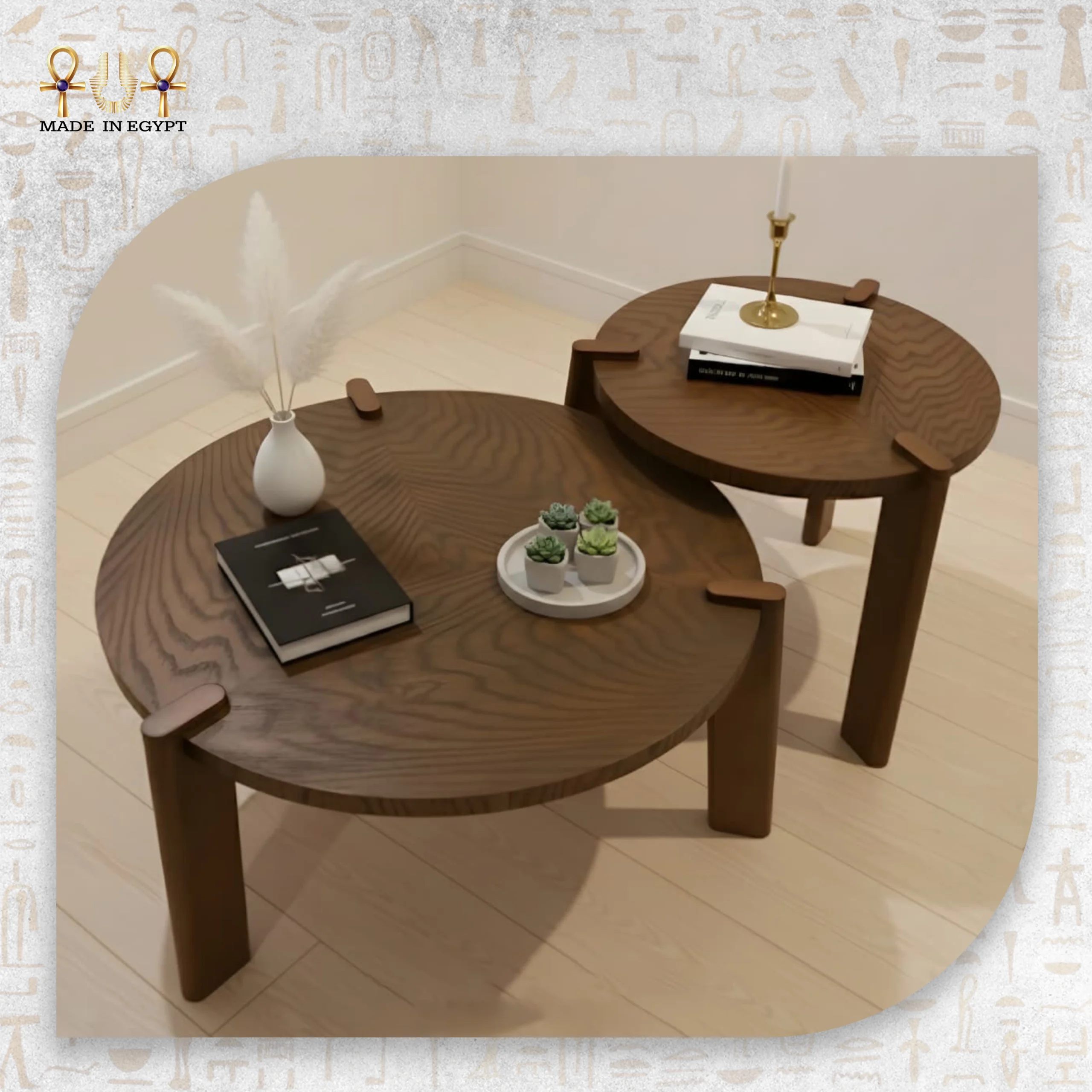 @6A Modern Round Coffee Table Set with Wooden Base Modern Round Coffee Table Set with Wooden Base - Image 1