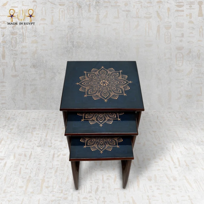 Luxury Wooden Nesting Tables with Gold Mandala Pattern - Image 2