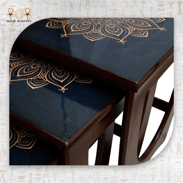 Luxury Wooden Nesting Tables with Gold Mandala Pattern - Image 3