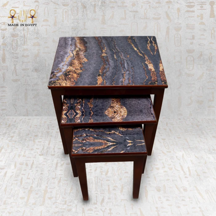 ⁦Luxury Wooden Nesting Tables with Marble-Effect Top⁩ - الصورة ⁦2⁩