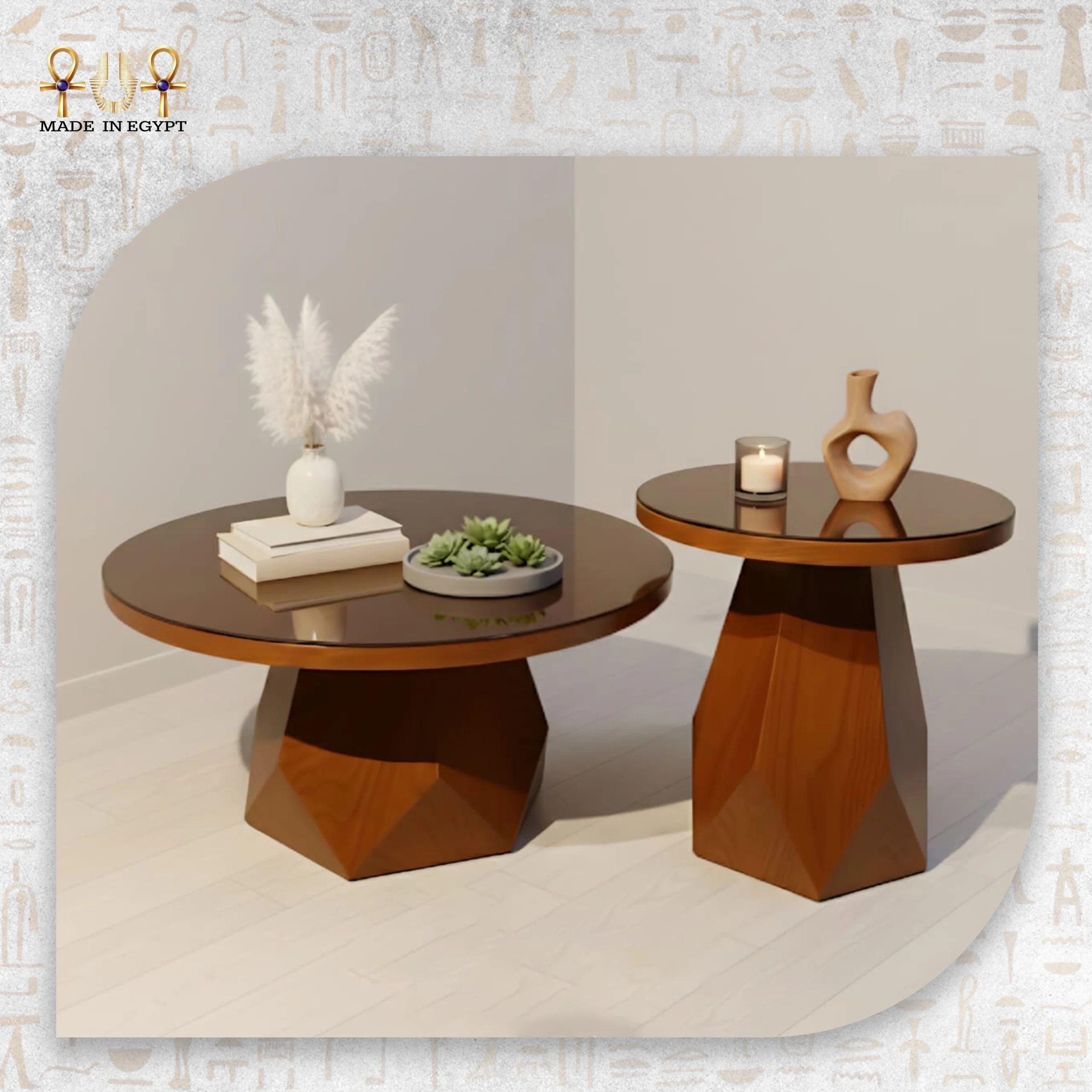 @9A Modern Round Coffee Table Set with Geometric Base Modern Round Coffee Table Set with Geometric Base - Image 1